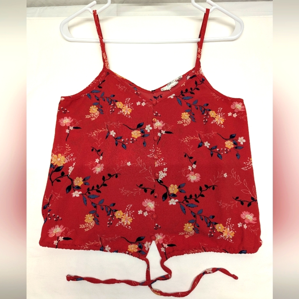 (FREE, See Description) Pink Rose Red Floral Tie-Front Tank Top